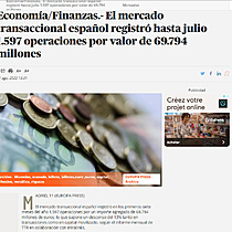 Economa/Finanzas.- El mercado transaccional espaol registr hasta julio 1.597 operaciones por valor de 69.794 millones